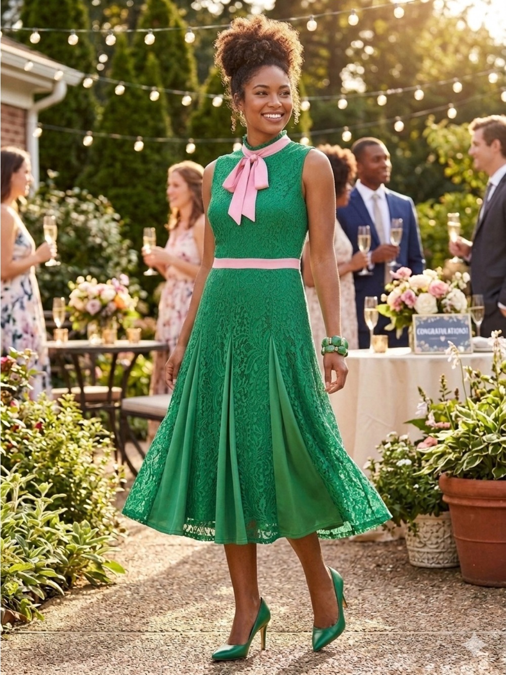 The Moon Green Lace Dress with Pink Trim